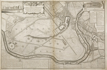 A map of labelled "Windsor Little Park," showing the town, castle and river Thames, with the surrounding parkland. A drawing of Windsor Castle is inset in the top left corner, next to a decorative scroll with the dedication "To the most Noble Charles, Duke of Marlborough, Knight of the most Noble Order of the Garter &c &c &c. This Plan of the Town and Castle of Windsor and Little-Park, Town and College of Eton, Is most humbly Inscrib'd by His Graces Dutiful Obedient Humble Serv[an]t W. Collier." Individual features are labelled, and a key on the right identifies smaller details. In the top right corner is a plan of proposed changes to the Gardens. Below the dedication is a long avenue of trees, labelled "Queen Elizabeth's Walk." Just beside these is another tree: a hand pointing to it labels this one "Sr John Falstaff's Oak."