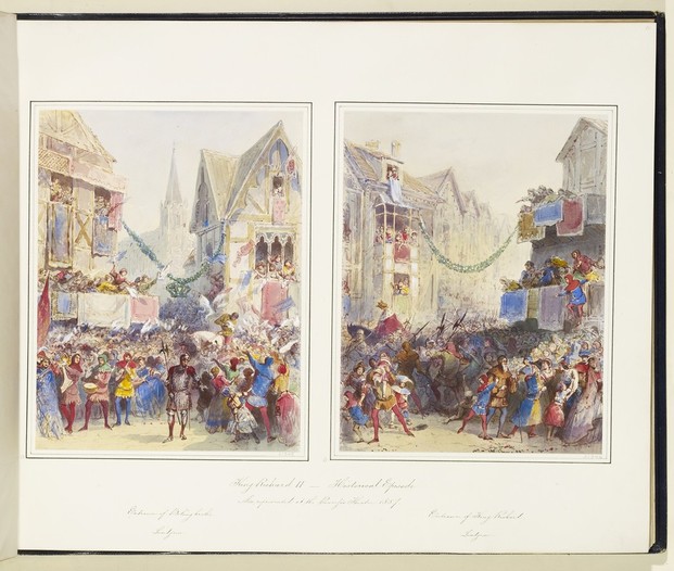 A watercolour of a crowded street scene. In the foreground, a soldier in chainmail and helmet reaches out a hand to a child, who is struggling to see past the backs of the crowd. On the right is a group of musicians in colourful tunics, stockings and hoods. The crowd’s attention is on a man in a gold doublet riding a white horse, who clutches his plumed hat to his chest and stoops to speak to the people. Balconies and windows in the background are filled with spectators. Flags and banners hang from the windows, and a garland strung across the street bears a pendant in the shape of a crown. In the distance a church steeple can be seen. Everything except the immediate foreground is rendered in pale pastel tones.