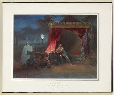 A watercolour painting of a scene from Richard III, predominantly in bold shades of red and blue. Charles Kean as Richard III sits on the edge of a bed in a tent with red drapery and gold embellishments. His posture is twisted: both feet rest on the ground as he turns to the left to place both hands on a small table, his head turns the other way to gaze off to the right. He wears a tunic with the royal arms, and plate armour on his arms and legs; a helmet topped with a crown is on the ground near his feet. The table also bears the royal arms, and further standards in royal colours are stacked on the right. A brazier casts a pool of light over Richard and the table, which bears writing implements. Outside the light there is a cannon, behind which a sentry stands with his back to the viewer, in long cloak and helmet, carrying a spear. The shapes of further tents are faintly rendered in the background, and the twisted branches of a tree against a deep blue night sky.