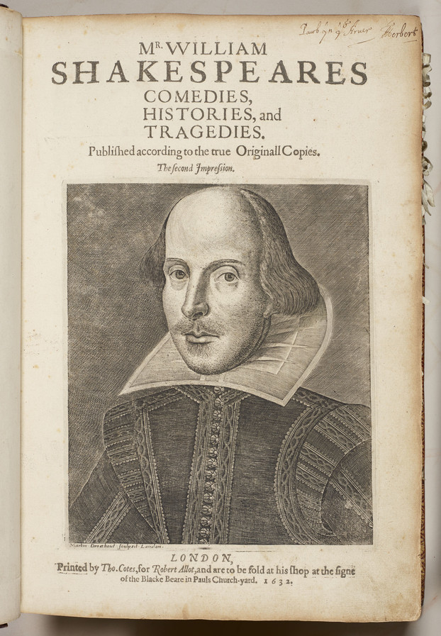The title page of a large book; yellowed with age at the edges, with paper bookmarks visible along the right edge. At the top, the title is printed: 'Mr William Shakespeares Comedies, Histories, and Tragedies. Publish'd according to the true Original Copies. The second Impression.' Much of the page is taken up with an engraved portrait of Shakespeare: he has a high forehead, heavy-lidded eyes, a thin moustache and short beard, and wears a high starched white collar over an embroidered black doublet. Immediately below the image is printed the credit 'Martin Droeshout sculpsit, London.' Below, in larger type, are the publication details for the book: 'London, Printed by Tho. Cotes, for Robert Allot, and are to be sold at his shop at the sign of the Blacke Beare in Pauls Church-yard. 1632.' In the top right corner, an inscription in ink reads 'Pawb yn y Arver' meaning 'Everyone has his own customs,' and is signed 'T Herbert.'