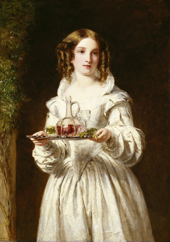 A three-quarter-length portrait of a young woman standing in a doorway, holding a tray. She wears Elizabeth costume: a pale dress with a starched collar, voluminous sleeves, a pointed bodice and full skirt; her blonde hair, however, is in distinctly Victorian ringlets on either side of her face. The silver tray bears a small wine glass and a decanter of red wine; to the left is a vine evidently framing the doorway.