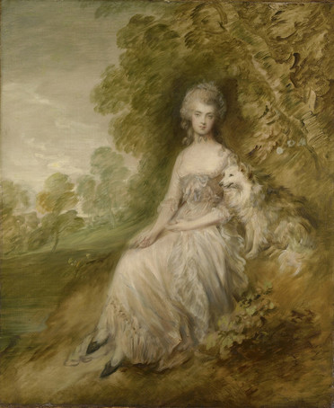 A woman sits on a grassy bank in front of a tree. She is very pale, with a serious expression. She wears a low-cut white dress with lace trim, a fichu across her breast, and blue ribbons on the bodice. Her hands are in her lap; one hand holds an object, too small to make out. On the right sits an alert fox dog with white fur. The background includes more trees and a cloudy sky.