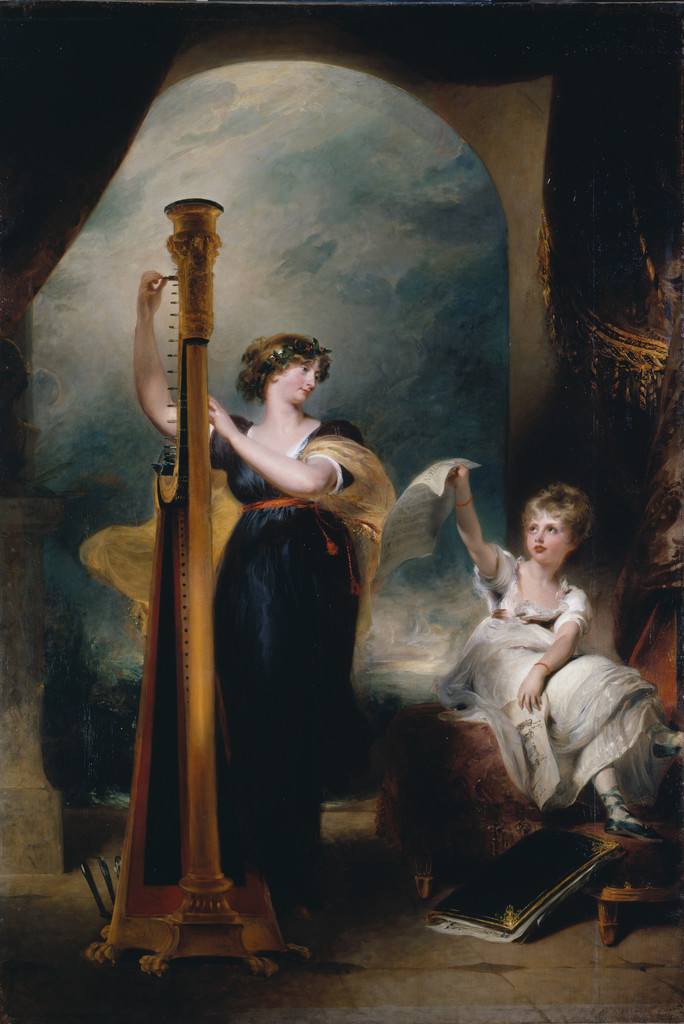 A full-length portrait of Caroline, Princess of Wales, playing the harp. She wears a dark blue dress in the 'Empire' style, with a red sash and pale yellow shawl; a wreath of leaves and flowers is in her hair. The young Princess Charlotte is sitting beside her, depicted as a cherubic figure in white; she holds up the sheet music for her mother to play from. A portfolio (presumably holding more music) is at Charlotte's feet. The background is a curtained archway looking out to a cloudy sky.