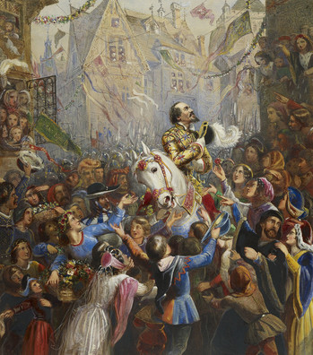 A watercolour of a crowded street scene. At the centre, Bolingbroke is mounted on a white horse, wearing a gold doublet and clutching his feathered hat to his chest; he looks up to acknowledge the figures waving at him from balconies and windows. Surrounding Bolingbroke are festively-dressed citizens. On the left, a woman wears a flower garland and carries a basket of flowers. Several men have removed their hats in salutation, mimicking Bolingbroke’s gesture. A boy in blue and orange gestures expansively in welcome at the bottom centre of the frame. On the right, a bearded man points at Bolingbroke, his face turned towards his wife, who clutches his arm. A woman offers a rose to Bolingbroke. A forest of spears and halberd in the background implies that Bolingbroke rides at the head of an army. On both sides and in the background, windows are filled with spectators; on the left, a child holds a green banner labelled ‘God save Kyng Henry'. Flags and garlands hang from the buildings.