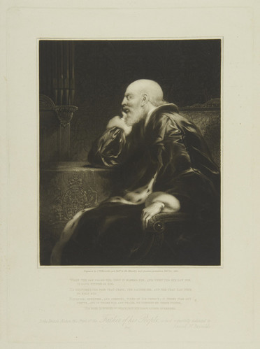 A three-quarter length portrait of the elderly George III. He is seated at a table with his chin propped on one hand, wrapped in an ermine-trimmed silk robe. His face is in profile. He is almost entirely bald except for a few wisps at the base of his skull, and his beard has been neatly trimmed.