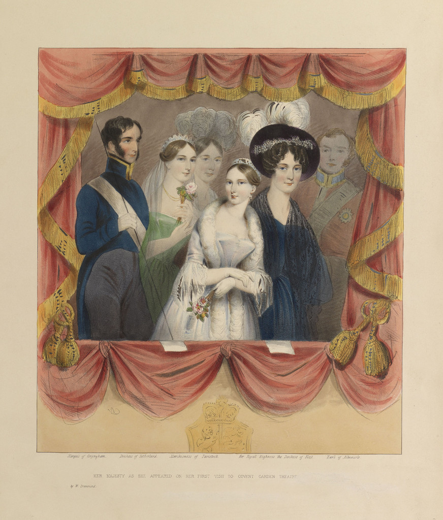 A hand-coloured lithograph of a group of people framed by the red curtains of a theatre box; the royal arms are faintly rendered at the bottom of the frame. Queen Victoria is at the centre. She has her arms folded in front of her, one hand holding a posy of flowers, and her head turned to the left. She wears a tiara, a pale silk dress with a fur stole, and white wrist-length gloves. On the right stands the Duchess of Kent, in a dark blue dress with black lace shawl and black plumed hat, with dark ringlets around her forehead. To the right, the Marquess of Conyngham has prominent dark sideburns and wears a blue tailcoat with high, gold-edged collar and a white sash, white gloves, and grey trousers. He holds the string presumably used to open the curtains. The Duchess of Sutherland is beside him, in pale green dress, tiara and white veil, holding a posy. More faintly rendered in the background are the Marchioness of Tavistock, in an elaborate plumed headdress, and the Earl of Albemarle, in red military uniform. Below, the title is printed: ‘Her Majesty as she appeared on her first visit to Covent Garden Theatre,’ and the names of the subjects are printed below each figure (except the queen).