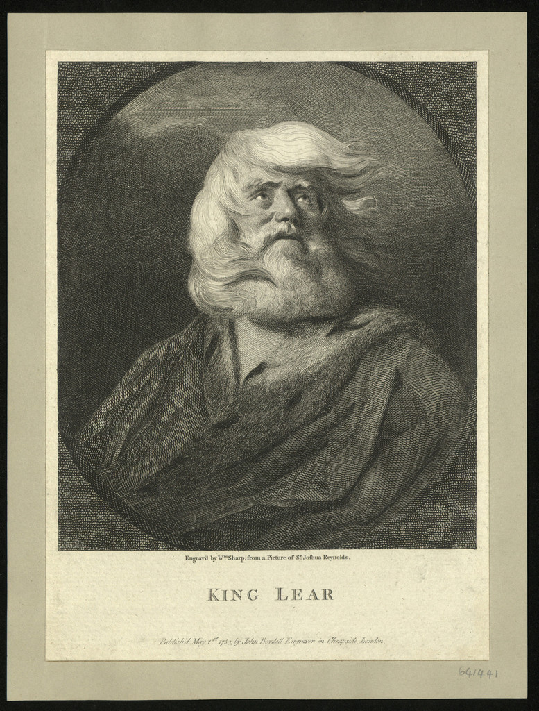 A head and shoulders portrait print of the character King Lear. He has a full beard and flowing white hair blowing in the wind, and he looks upwards with an anguished expression. The portrait is in an oval-shaped frame within the print. Text below reads: 'Engrav'd by Wm Sharp, from a Picture of Joshua Reynolds. King Lear. Publish'd 1st May 1783 by John Boydell Engraver in Cheapside London.'